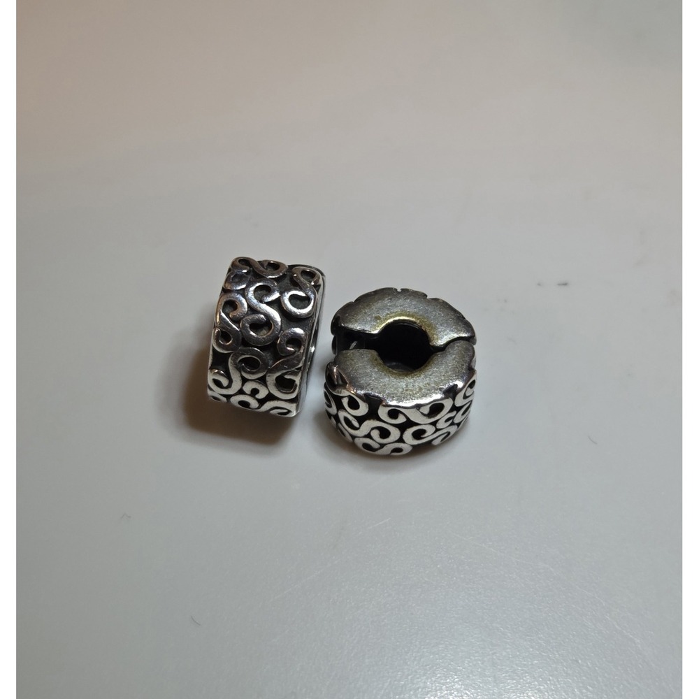 Set of 2 Pandora Sterling Silver Serpentine Swirl Locking Clip Charm